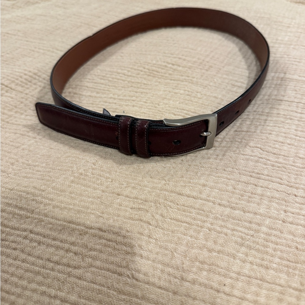 Perry Ellis Men's Dark Burgundy Leather Belt with Silver Buckle